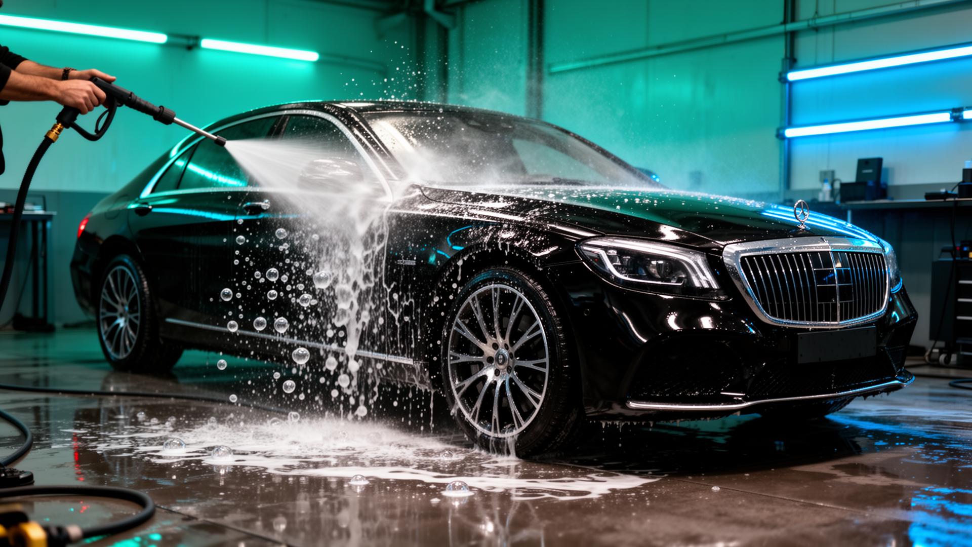 Glossy black car being washed at Wheels & Washes Auto Spa